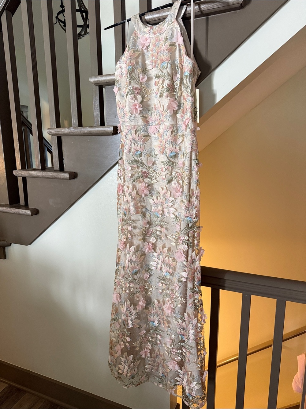 Eliza J Floral Embroidered Halter Gown in Blush and Cream